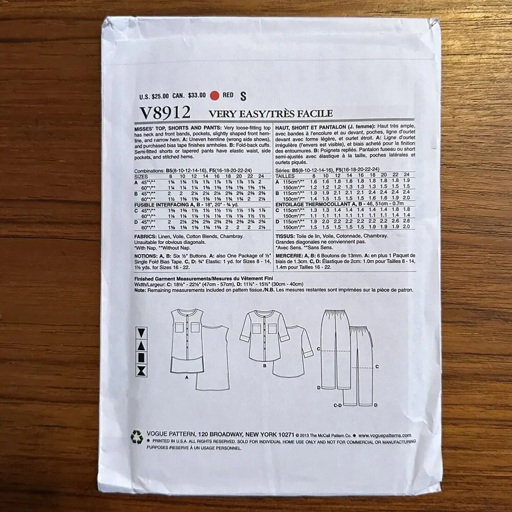 NEW Very Easy Vogue 8912 Women's Top Shorts Pants Sizes 16-24 Uncut FF Plus Size